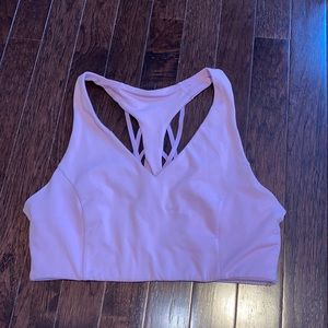 Fabletics, light pink sports bra, strappy back